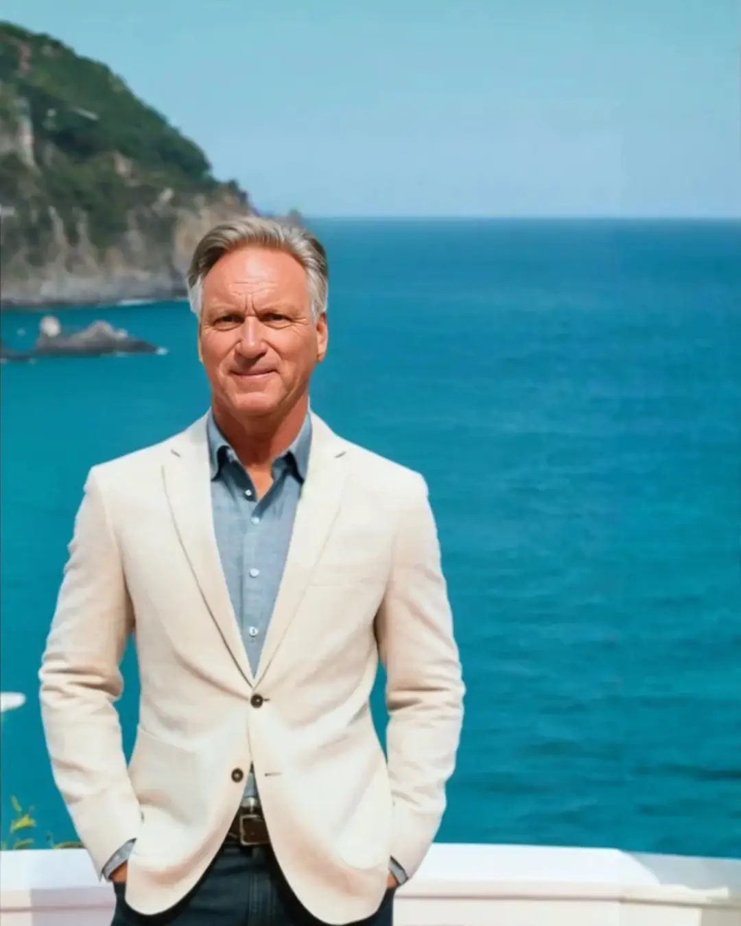 David Cook, founder of Cretect, in a beige blazer on a seaside terrace
